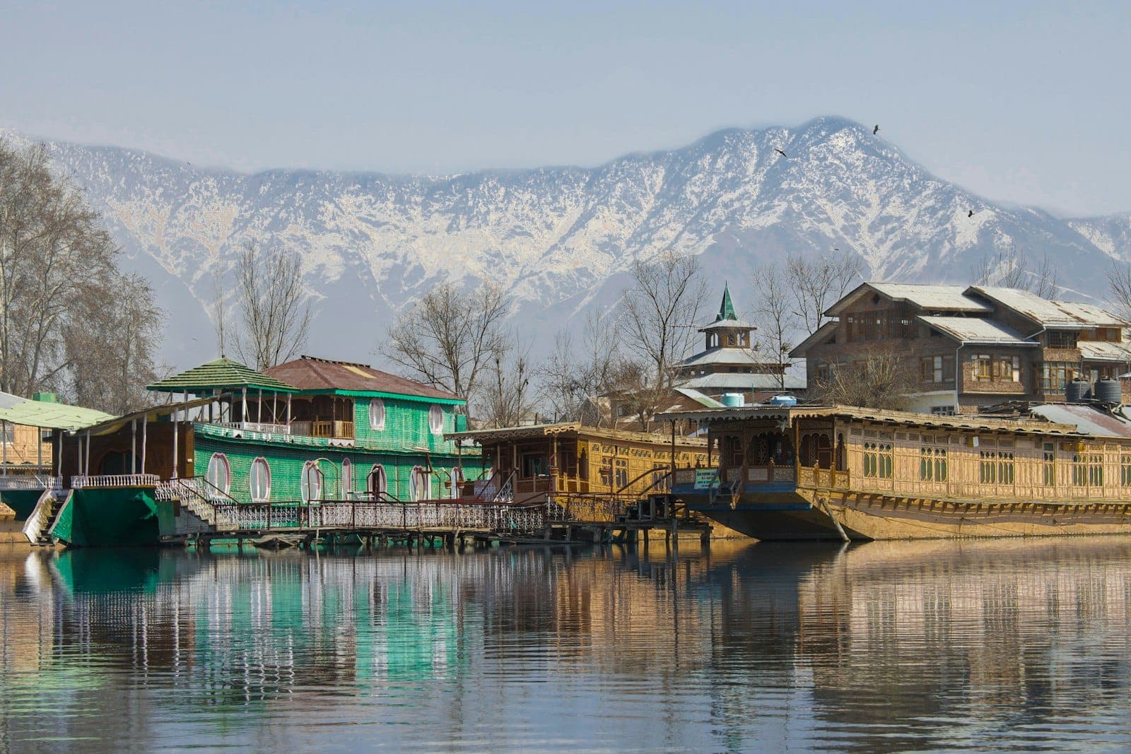 Houseboats on Dal Lake with snowy mountains behind